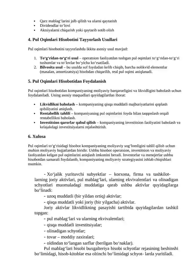 5-Mavzu. Pul oqimlari to'g'risidagi hisobotni tayyorlash va undan foydalanish 2