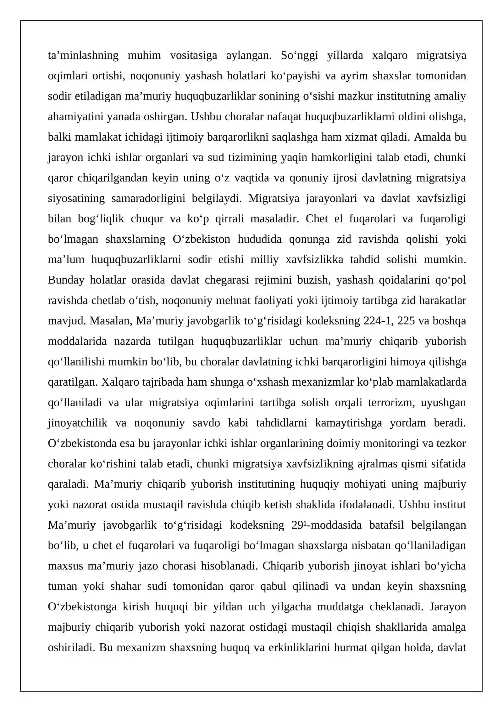 Chet el fuqarolarini va fuqaroligi bo’lmagan shaxslarni o’zbekiston respublikasi hududidan ma’muriy tarzda chiqarib yuborish to’g’risidagi qarorni ijro etish bo’yicha ish yuritish 2