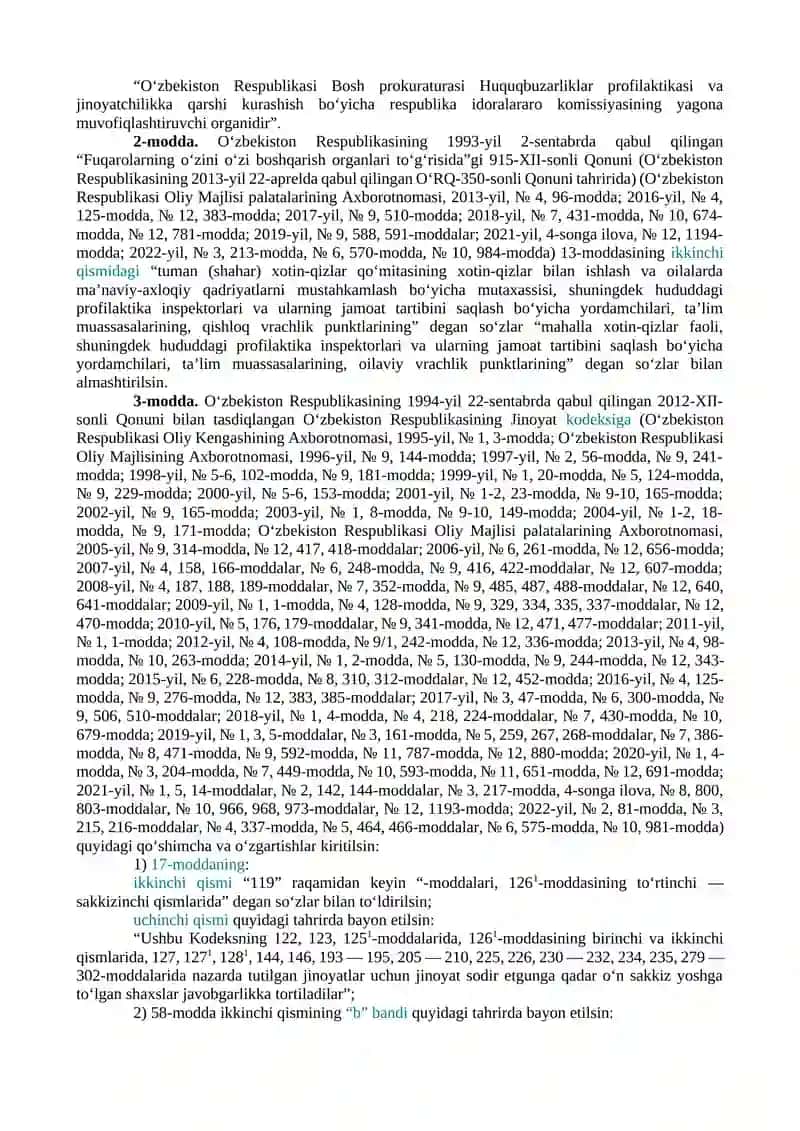 XOTIN-QIZLAR VA BOLALAR HUQUQLARI, ERKINLIKLARI HAMDA QONUNIY MANFAATLARINI ISHONCHLI HIMOYA QILISH TIZIMI YANADA TAKOMILLASHTIRILISHI MUNOSABATI BILAN O‘ZBEKISTON RESPUBLIKASINING AYRIM QONUN HUJJATLARIGA O‘ZGARTISH VA QO‘SHIMCHALAR KIRITISH TO‘G‘RISIDA 2