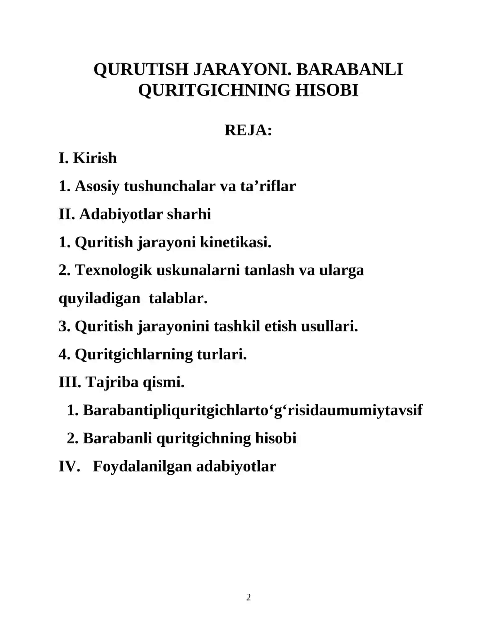 Qurutish jarayoni. Barabanli quritgichning hisobi 2