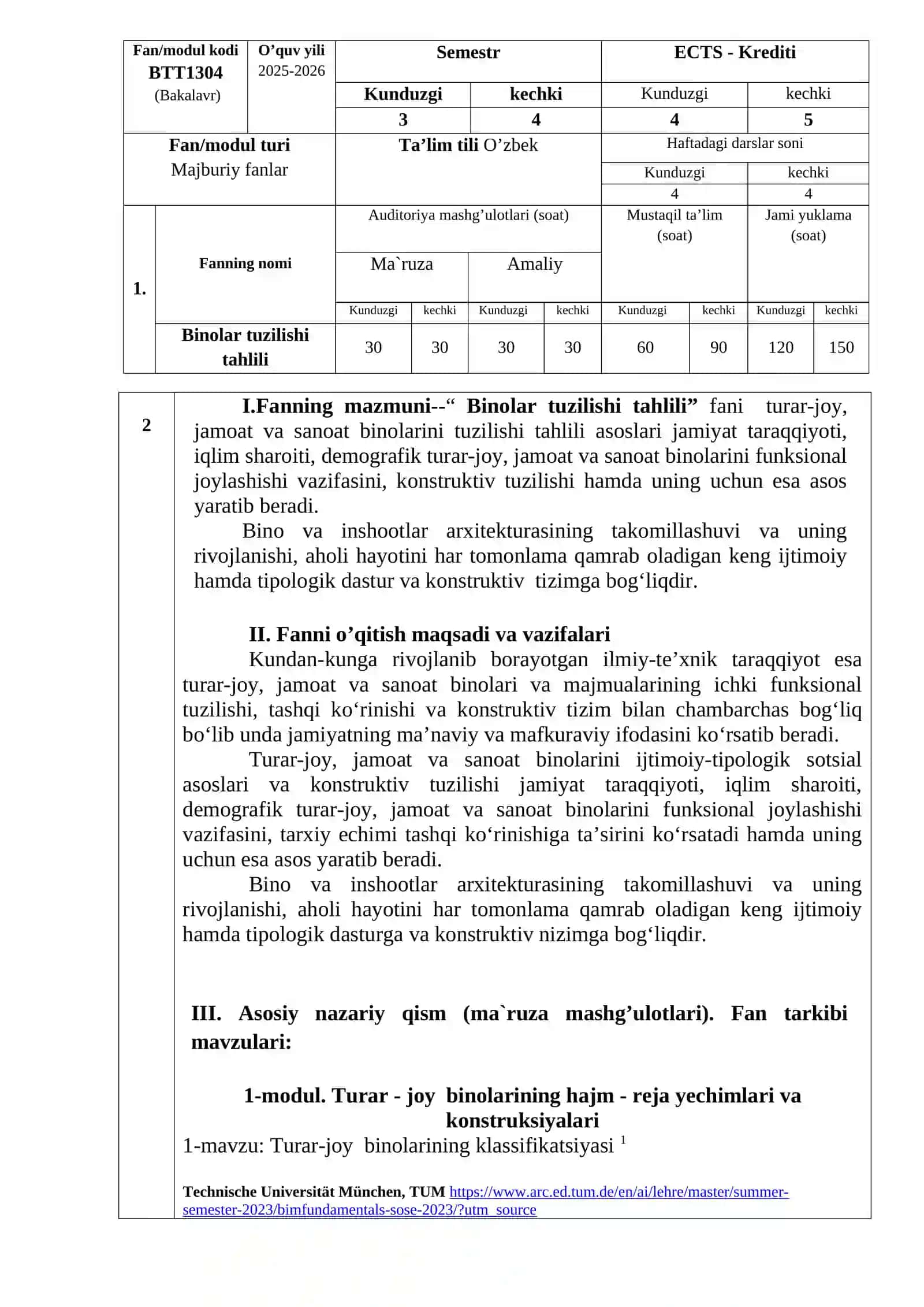 BINOLAR TUZILISHI TAHLILI fanining O’QUV DASTURI 2