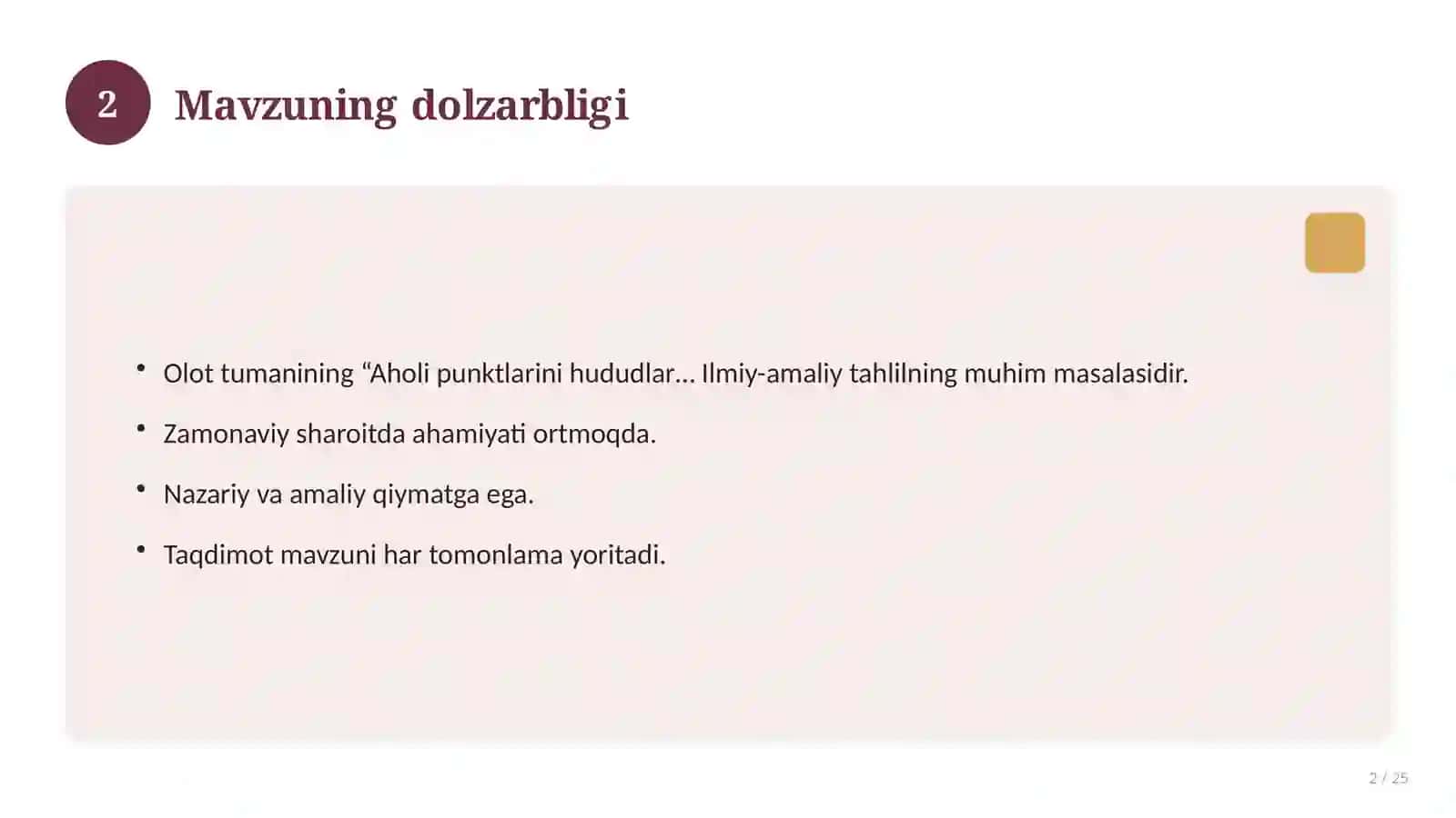 Olot tumanining “Aholi punktlarini hududlar bo’yicha taqsimlanish loyihasi 2