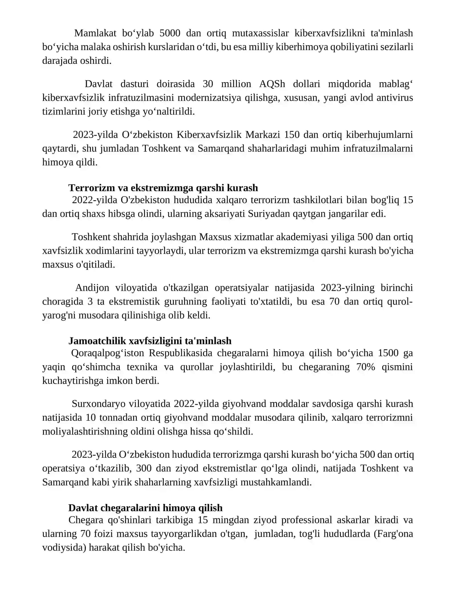 Milliy xavfsizlikni ta'minlash borasida amalga oshirilayotgan ishlar 2