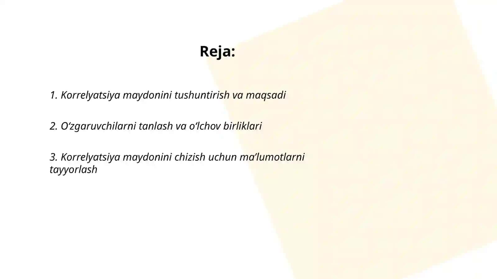 Korrelyatsiya maydonini tuzing va bog’lanish shakli haqida gipotezani keltirib chiqarish 2