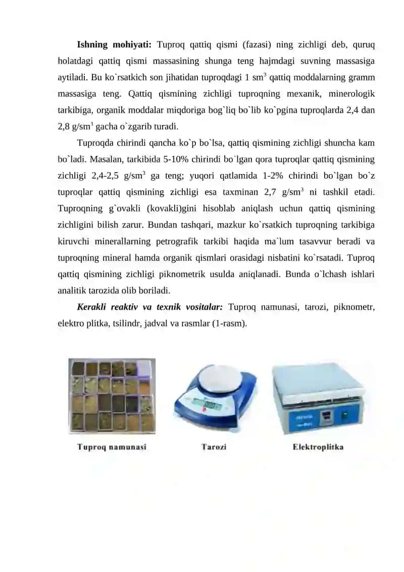 Tuprоqning hajm va sоlishtirma оg`irligini aniqlash va ular asоsida g`оvakligini hisоblash 2