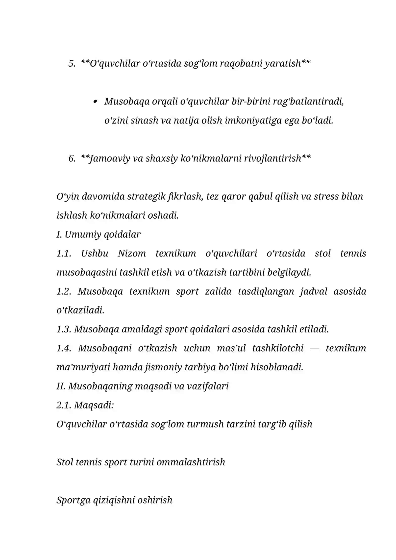 STOL TENNIS MUSOBAQASINI O‘TKAZISH NIZOMI 2