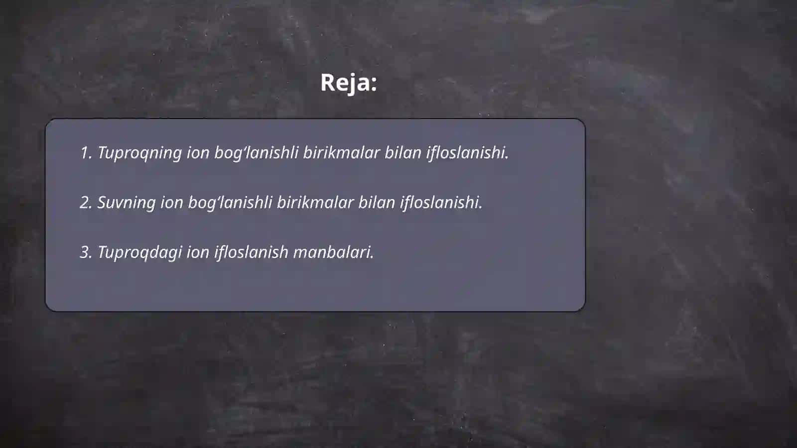 Tuproq suvning ifloslanishiga ion bog‘lanishli birikmalatni aniqlash 2