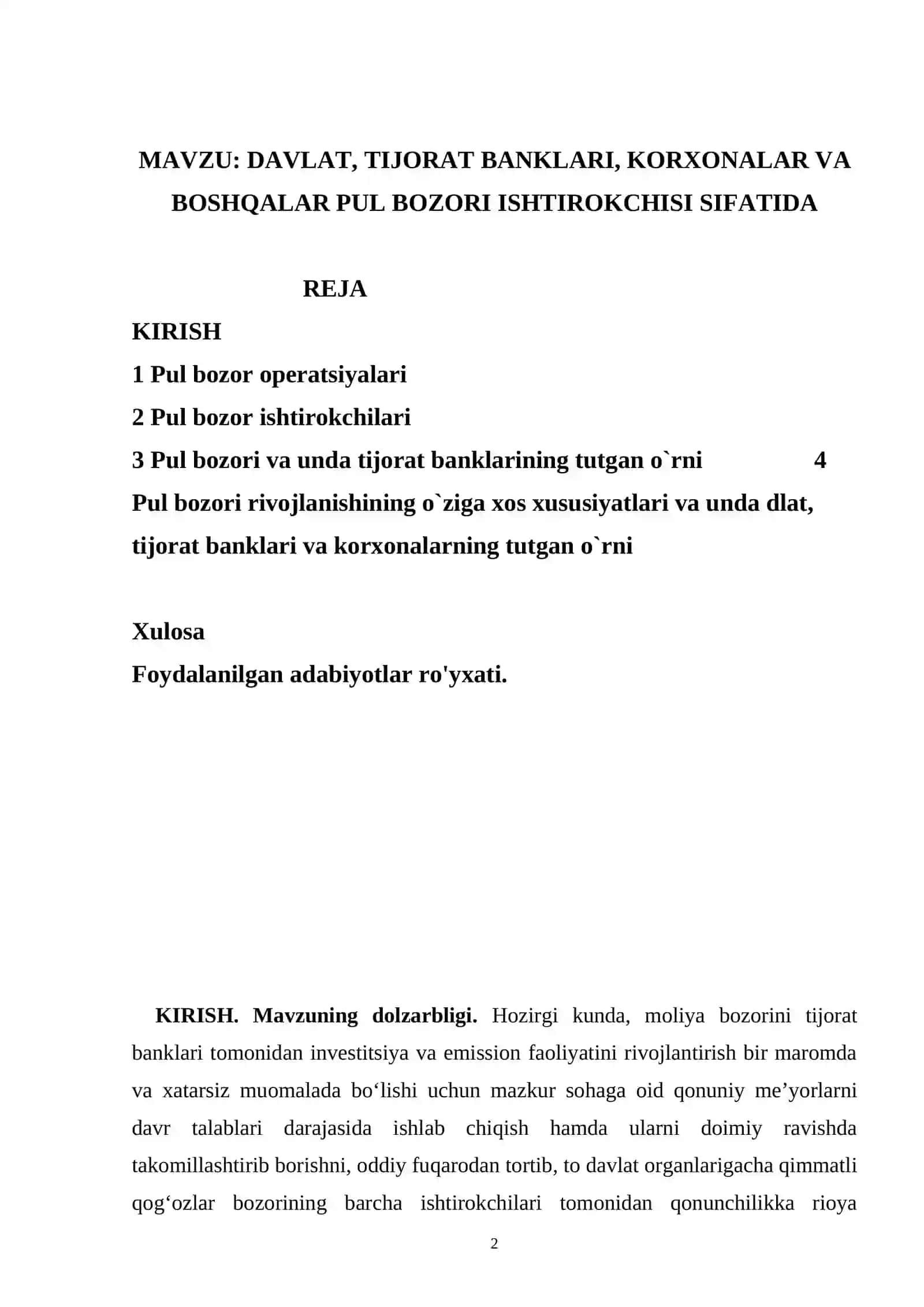 DAVLAT, TIJORAT BANKLARI, KORXONALAR VA BOSHQALAR PUL BOZORI ISHTIROKCHISI SIFATIDA 2