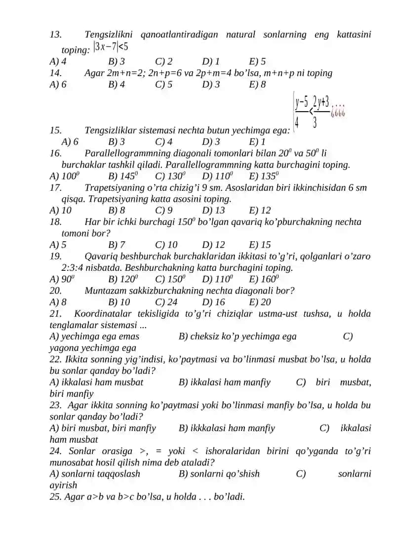 8-sinflar uchun algebra va geometriya fanlaridan test savollari I chorak 2