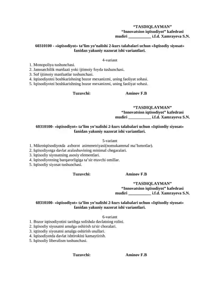 Iqtisodiy Siyosat Yakuniy Nazorat Ishlari 2