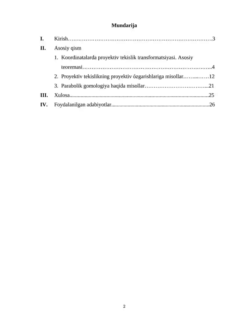 "Koordinatalarda proyektiv turlantirishlar va unga misollar" kurs ishi 2