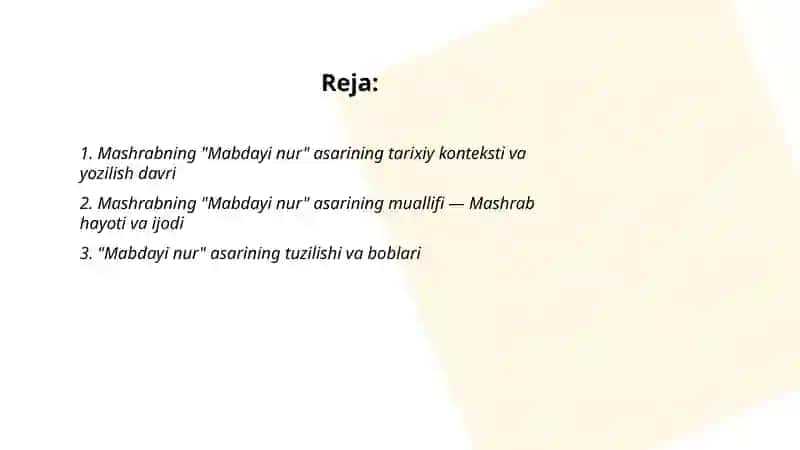 Mashrabning "Mabdayi nur"asari 2