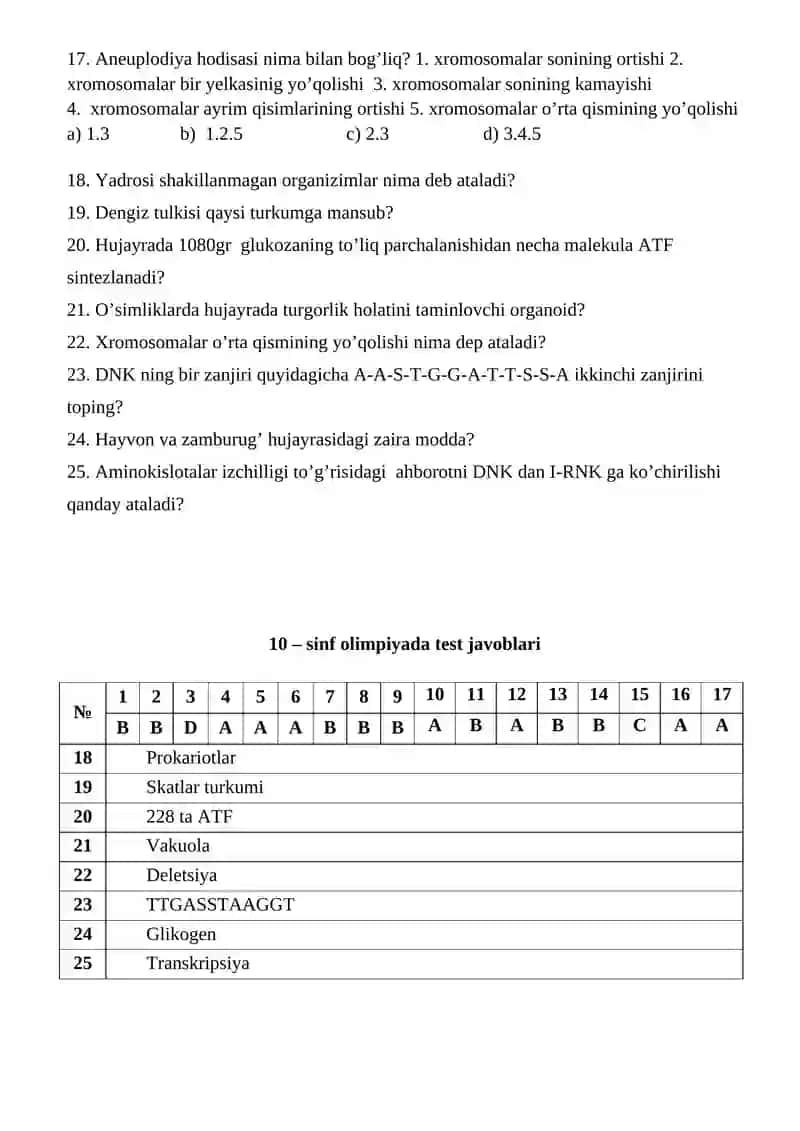 10 – sinf Biologiya fani Fan olimpiadasi uchun I bosqich testlar 2