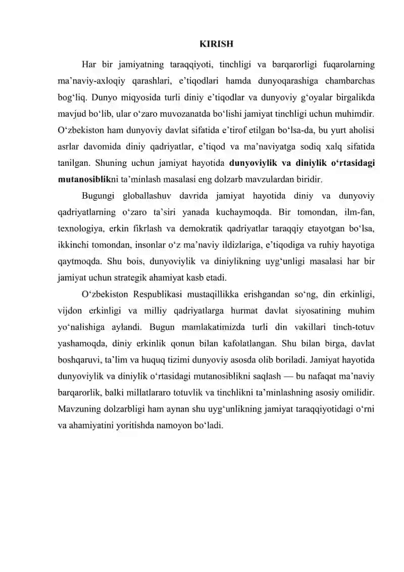 Jamiyat hayotida dunyoviylik va diniylik mutanosibligi 2