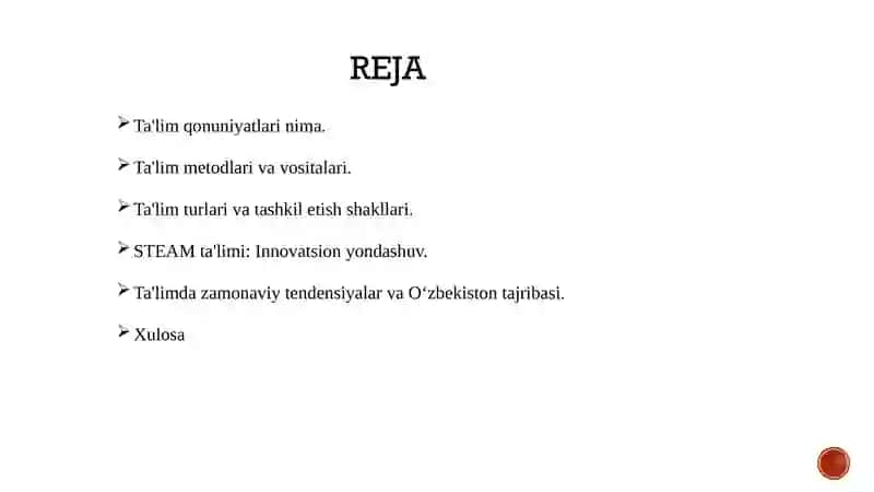 Ta'limning asosiy qonuniyatlari, tamoyillari, mazmuni, metodlari, turlari va zamonaviy yondashuvlari, xususan, STEAM ta'limi hamda ta'lim olganlikni tashxis etish masalalari atroflicha ko‘rib chiqiladi. O‘zbekistonda ta'lim sohasidagi so‘nggi yangiliklar va kelajakdagi vazifalar ham muhokama qilinadi. 2