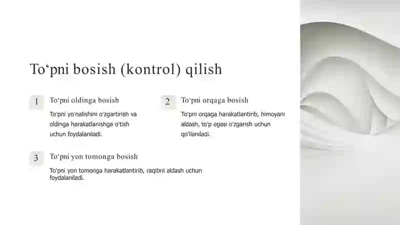 Hujum texnikasi. Toʻp bilan harakatlanish texnikasi. Konkret oʻyin vaziyatidan  kelib chiqib toʻp bilan amalga oshiriladigan harakatlarga oʻrgatish 2