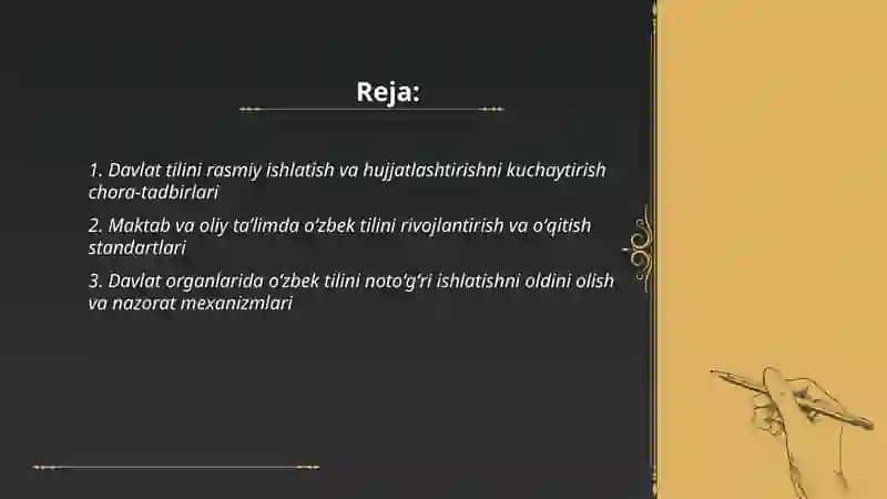 Oʻzbek tilining davlat tili sifatida nufuzi va mavqeyini tubdan oshirish chora-tadbirlari toʻgʻrisidagi farmoni 2