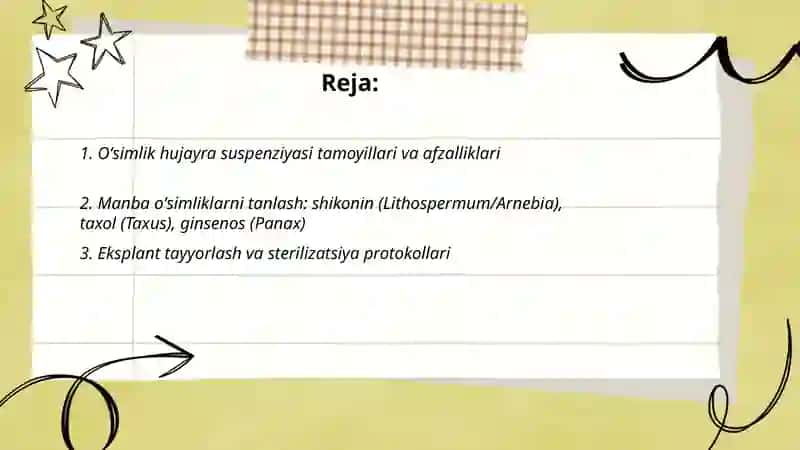 Oʻsimlik hujayra suspenziyasi orqali shikonin, taxol va ginsenos ishlab chiqarish texnologiyasi 2