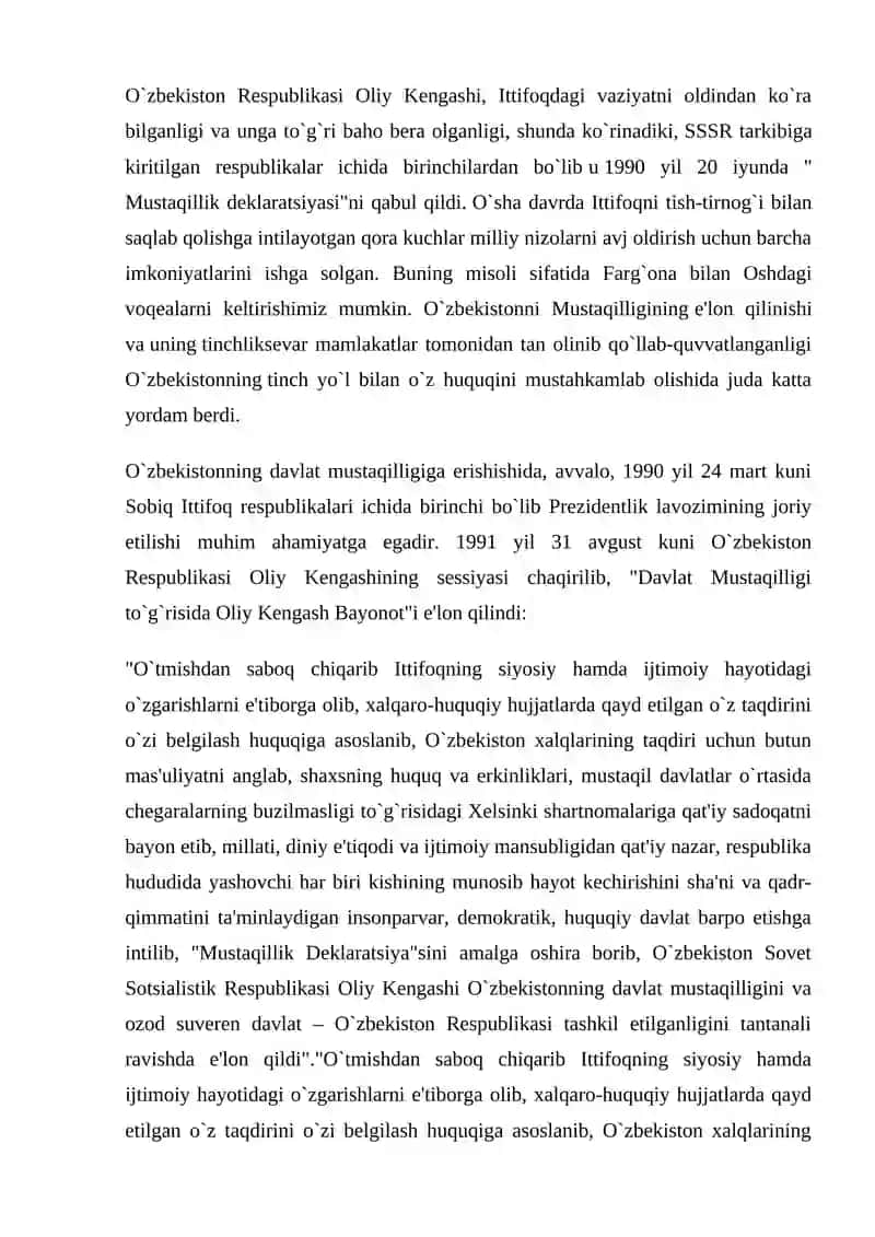 Mustaqil O’zbekiston Respublikasining tashkil topishi va uning tarixiy ahamiyati 2