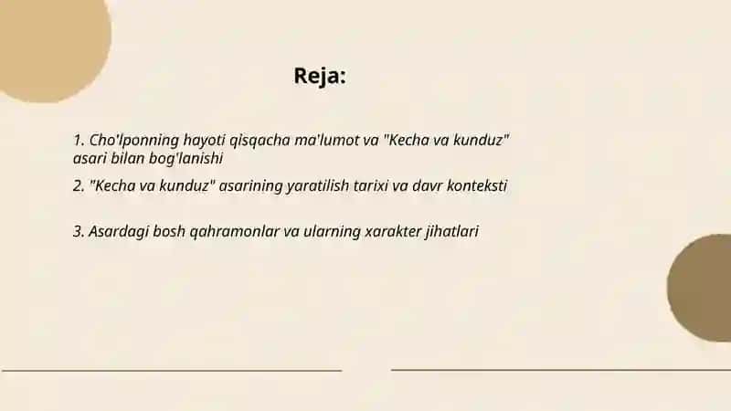 Cho'lpon hayoti va ijodi Kecha va kunduz asari haqida 2