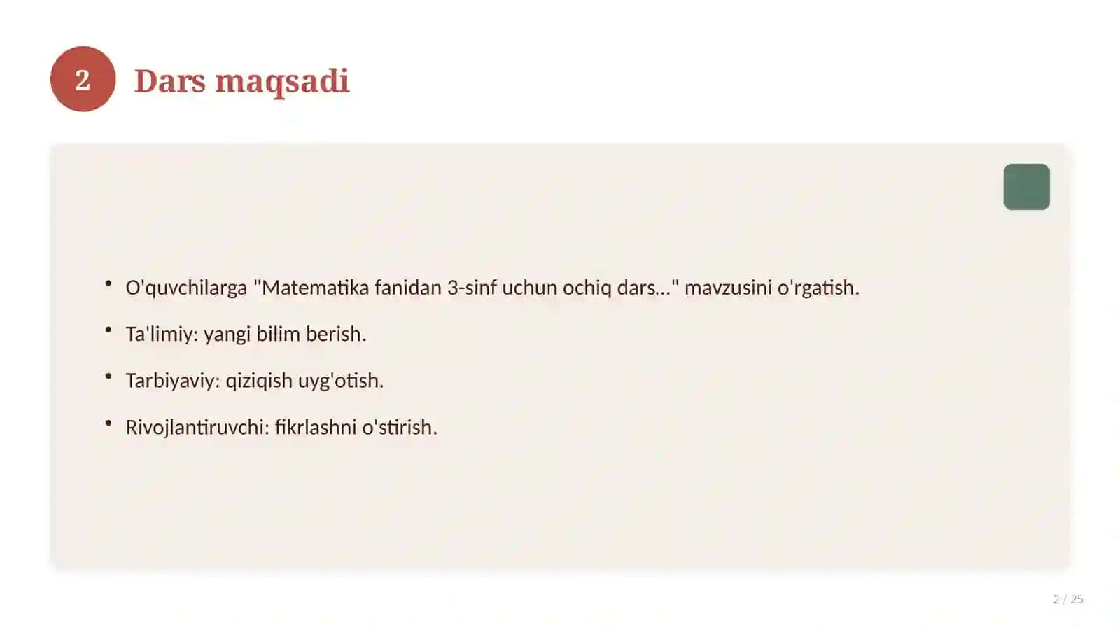 Matematika fanidan 3-sinf uchun ochiq dars ishlanmasi 2