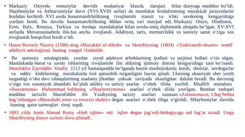 XIX asrning ikkinchi yarmi - XX asr boshlarida O‘rta Osiyo xalqlari madaniyati. Jadidchilik. 2