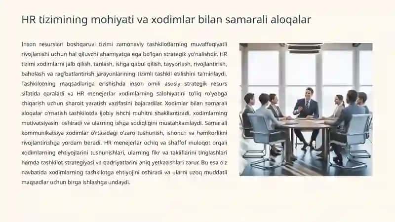 HR TIZIMI: XODIMLAR BILAN ALOQALAR, NIZOLARNI OLDINI OLISH VA HR MENEJERNING ROLI 2