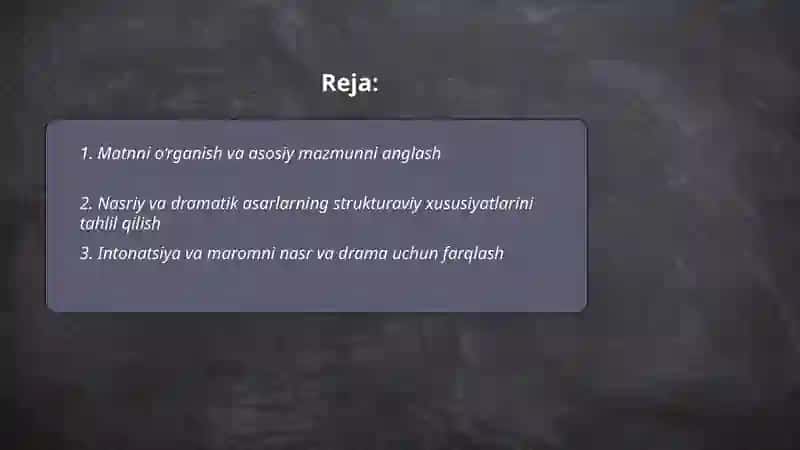 Nasriy va dramatik asarlarni ifodali o‘qishga tayyorlash 2