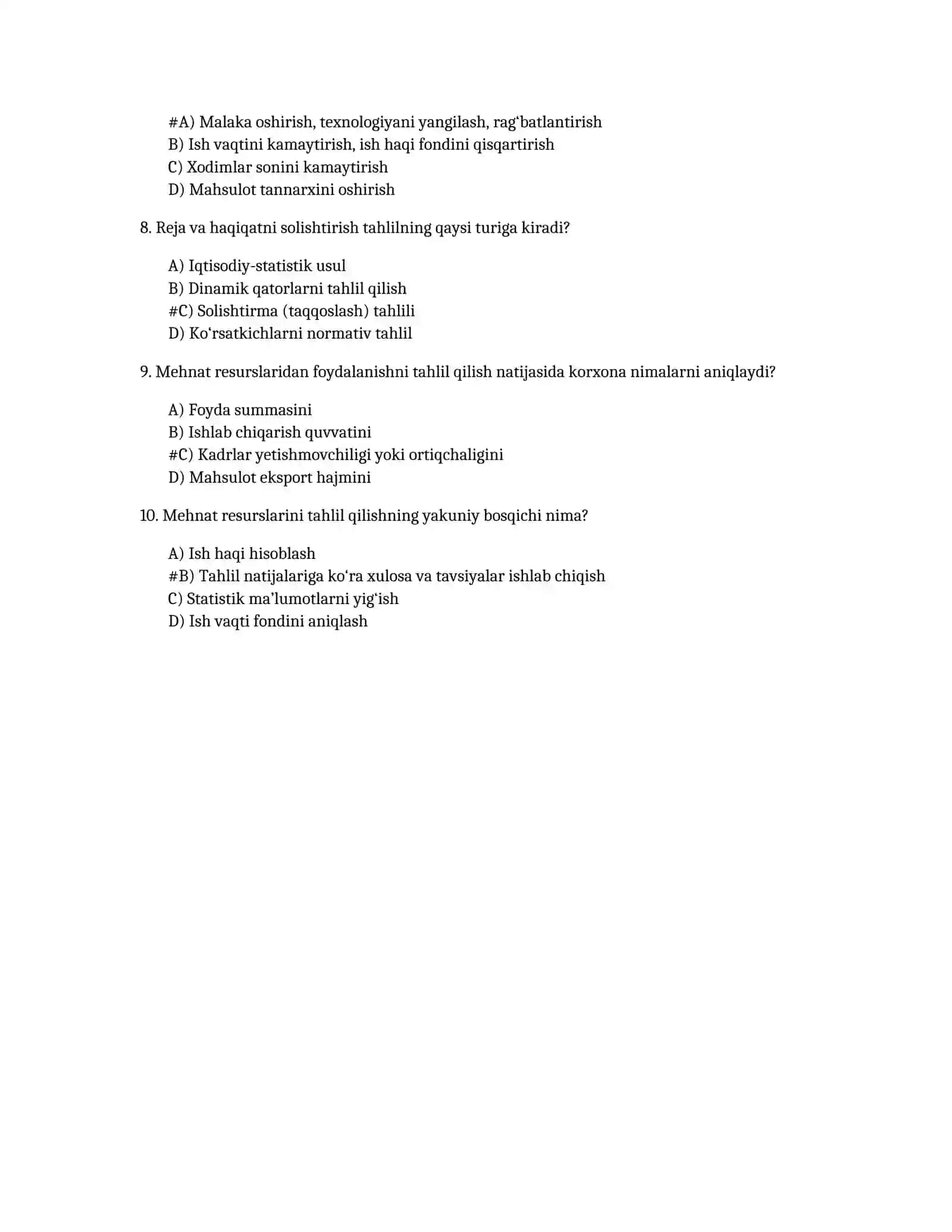 Korxona mehnat resurslarini tahlili bo‘yicha test savollari 2