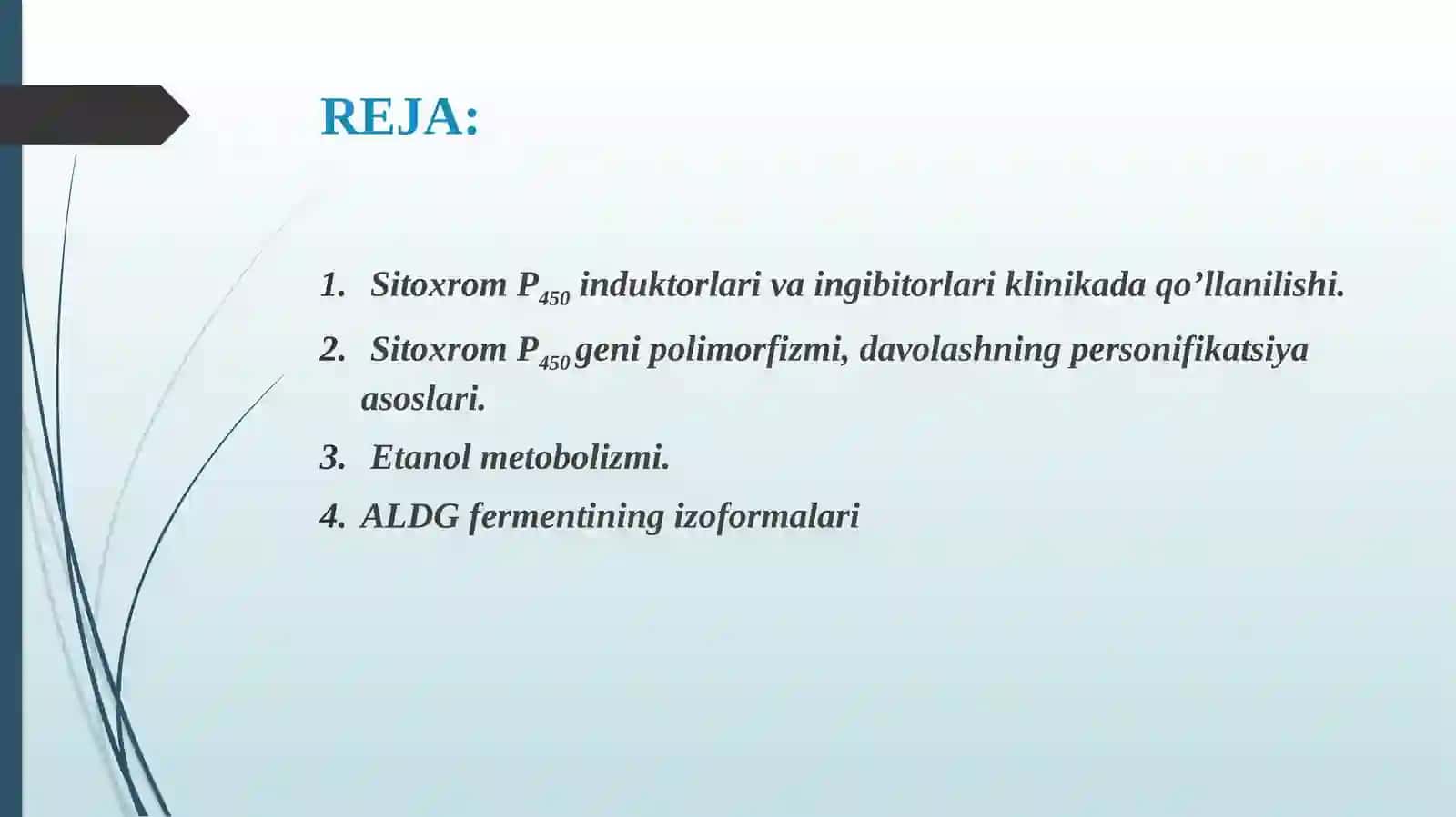 Sitoxrom P450 induktorlari va ingibitorlari klinikada qo’llanilishi. Sitoxrom P450 genipolimorfizmi, davolashning personifikatsiya asoslari. Etanol metobolizmi. ALDG fermentining izoformalari 2