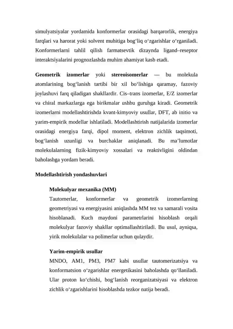 Tautomer, konformerlar va geometrik konfiguratsiyaga ega birikmalarni modellashtirish 2