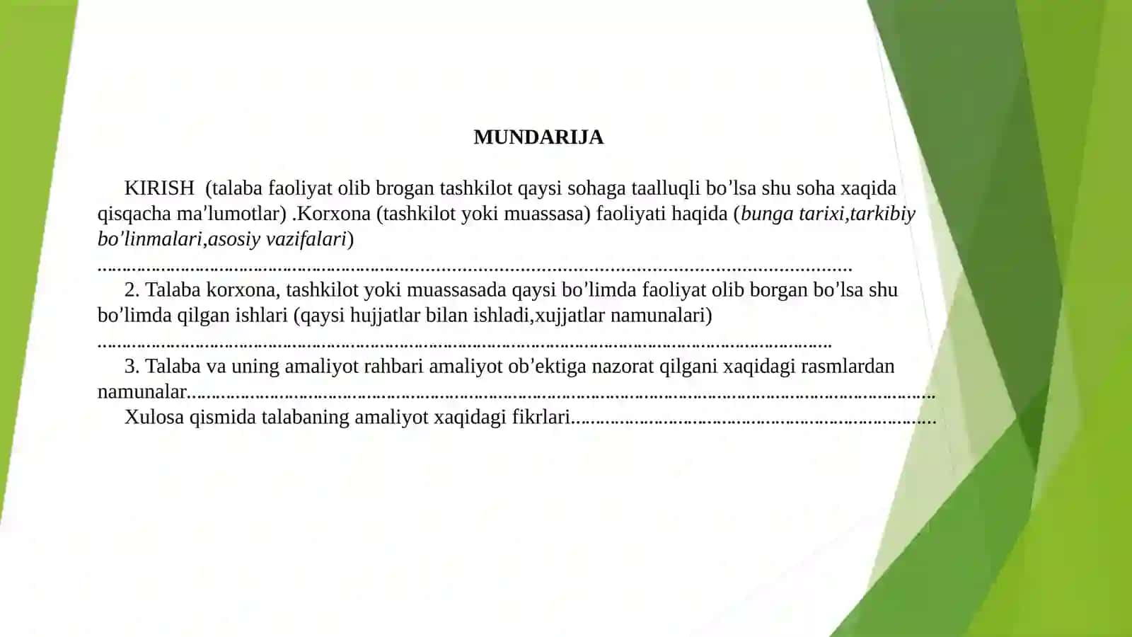 Iqtisodiyot yo’nalishi _________ ____________________________ning malakaviy amaliyot HISOBOTI 2
