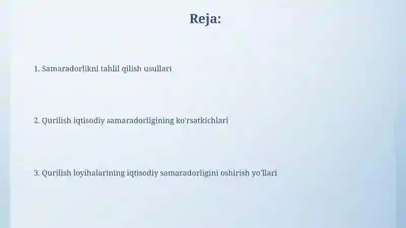 Qurilish iqtisodiy samaradorligining ko'rsatkichlari 2