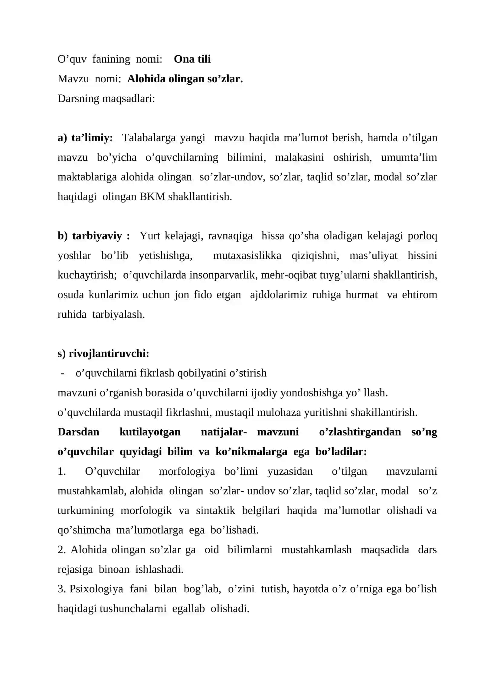 10-sinf Ona tili fanidan Alohida olingan so'zlar mavzuda ochiq dars ishlanma 2