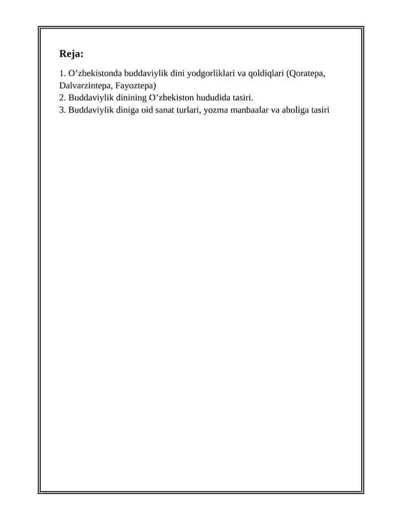 O'zbekistonda Buddaviylik dinining ildizlari (Qoratepa, Dalvarzintepa, Fayoztepa) va hozirgi zamon 2