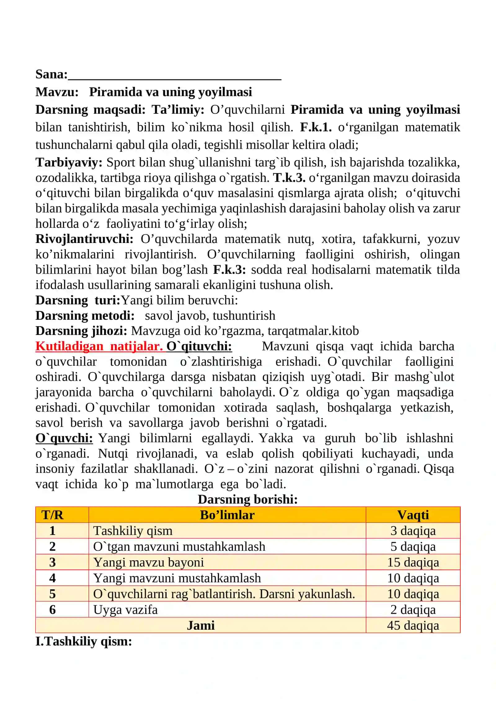 Piramida va uning yoyilmasi mavzusida 4-sinf Matematika fanidan dars ishlanmasi 2