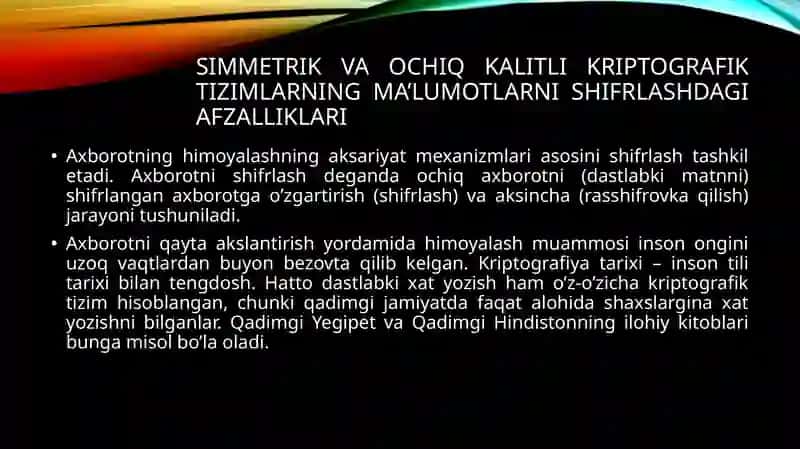 Simmetrik va ochiq kalitli kriptografik tizimlarning ma’lumotlarni shifrlashda afzallik va kamchiliklari 2