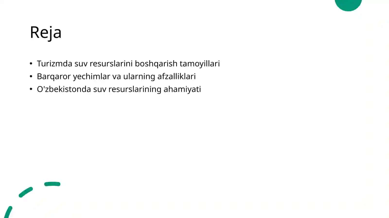 Turizmda suv resurslariniboshqarish: Barqaror yechimlar" Loyiha ishi 2