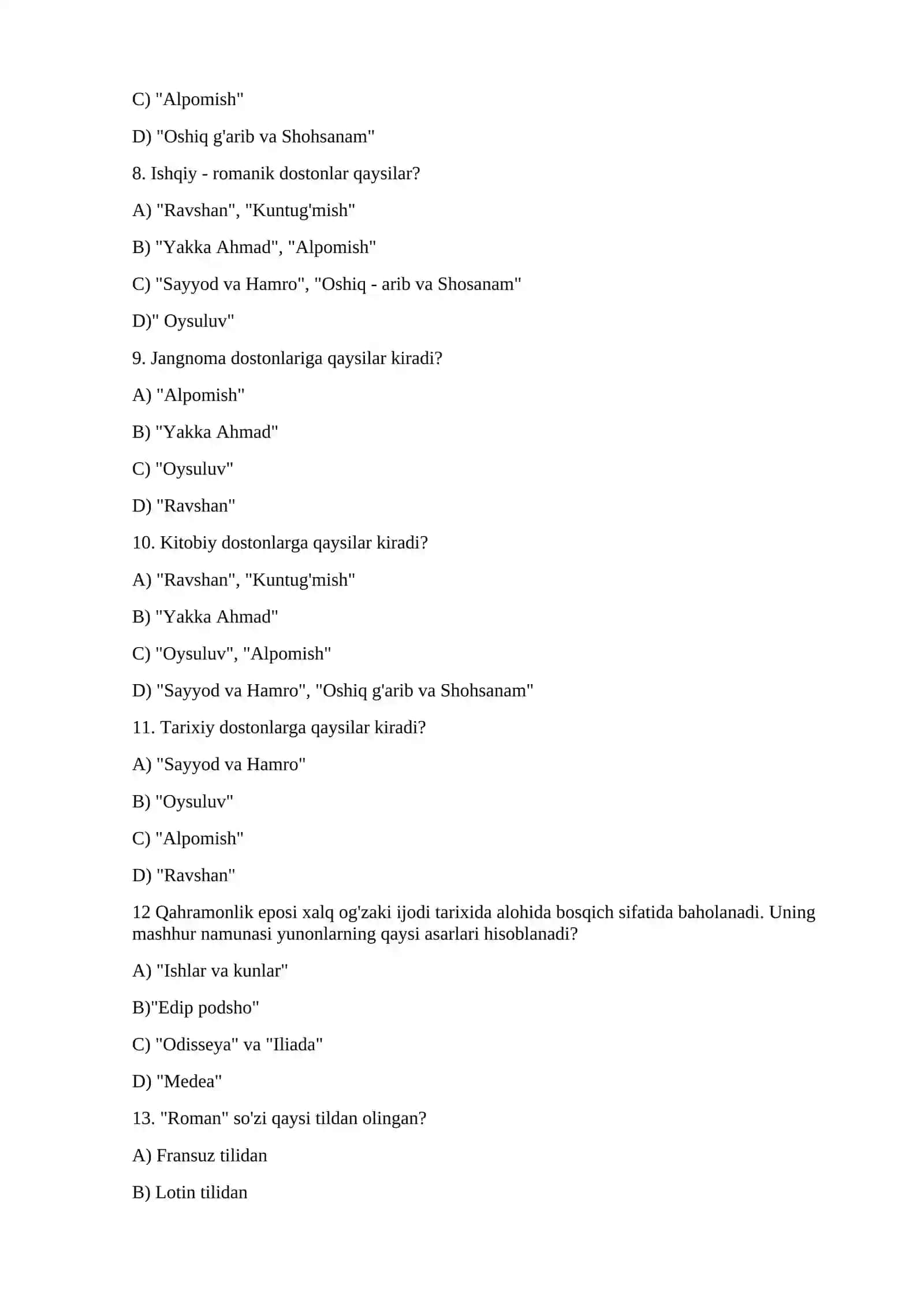 Dostonchilik maktabi haqida test savollar 2