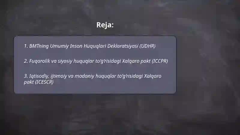 Inson huquqlari boycha xalqaro billning tarkibiga qanday hujatlar kiradi 2