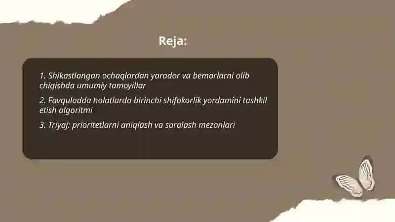Shikastlangan oʻchaqlarda olib chiqilgan yarador va bemorlarga birinchi shifokorlik yordamini tashkillashtirish 2