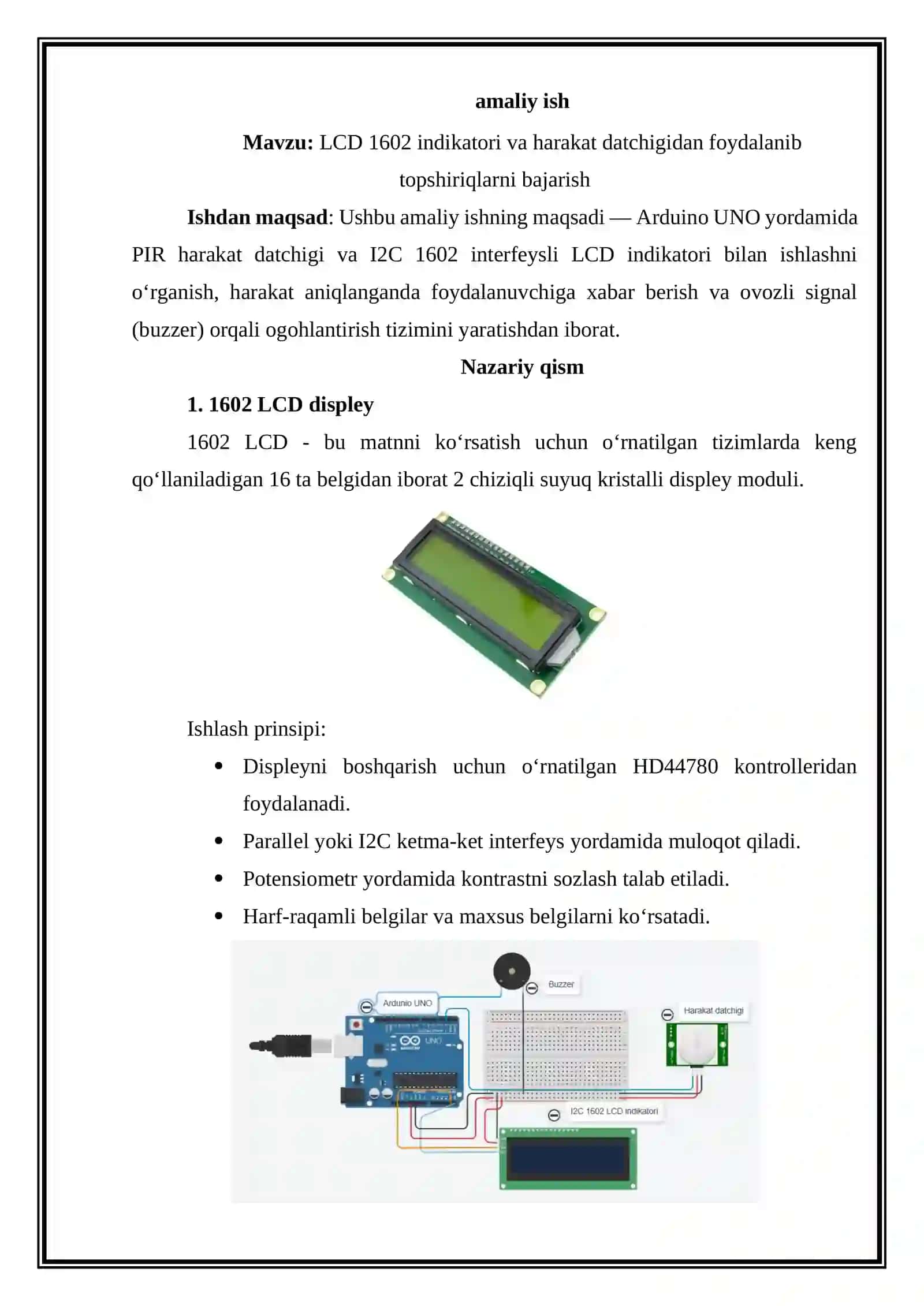 LCD 1602 indikatori va harakat datchigidan foydalanib topshiriqlarni bajarish. Amaliy ish 2