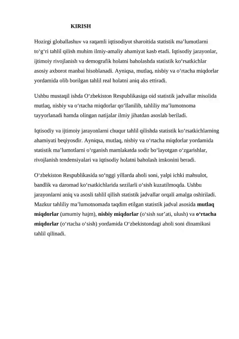 TAQDIM ETILGAN STATISTIK JADVALLAR ASOSIDA MUTLAQ, NISBIY VA O‘RTACHA MIQDORLAR YORDAMIDA TAHLILIY MA’LUMOTNOMA TAYYORLASH (O‘ZBEKISTON MISOLIDA) 2