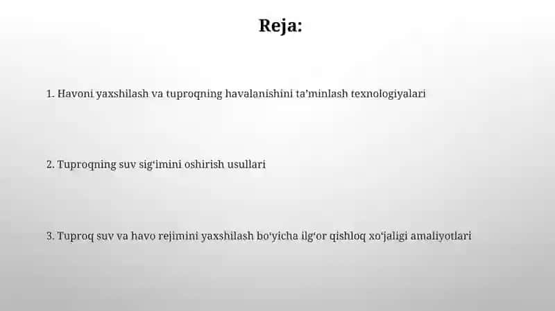 Tuproqni suv va havo rejimini yaxshilash boyicha ilg’or fermer xujaliklari tajribalari 2