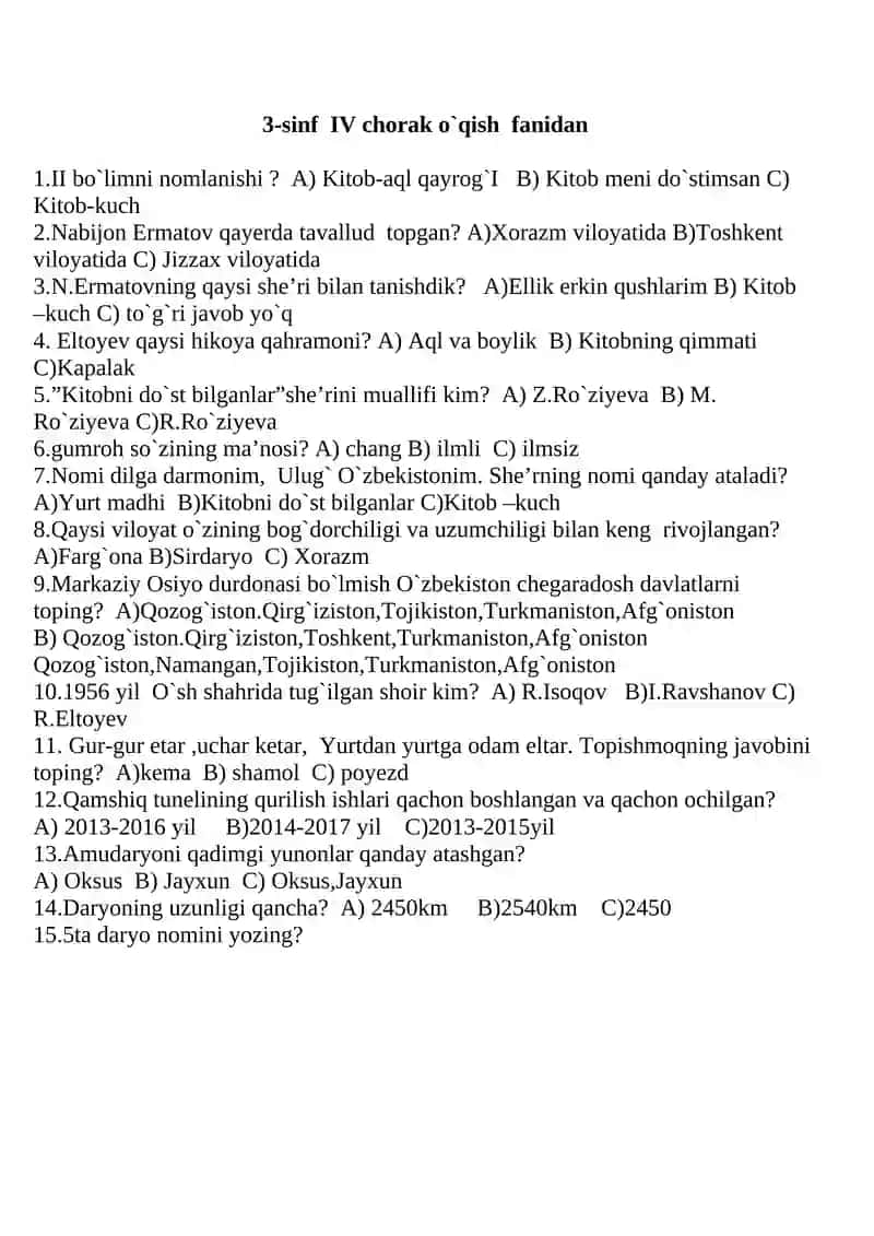 3-sinf IV chorak o`qish fanidan 2