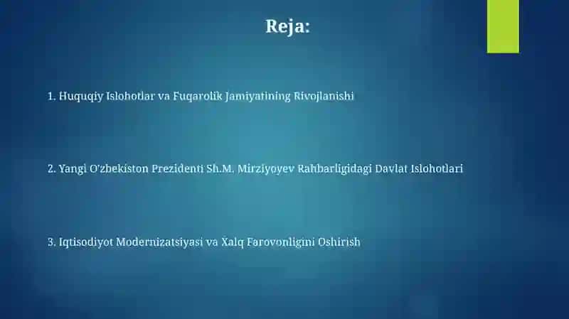 Yangi O'zbekiston Prezidenti sh.m. Mirziyoyev rahbarligi tashabbusi 2