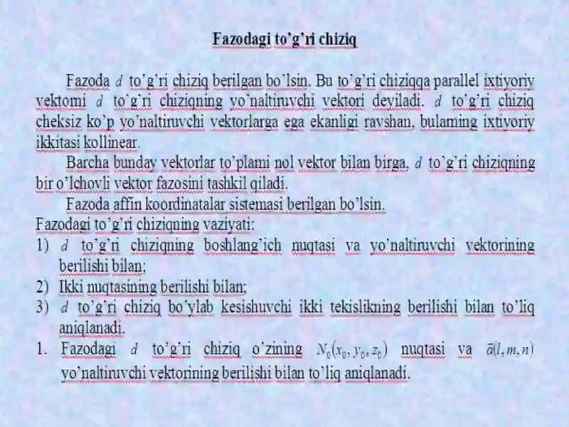 FAZODA TO‘G‘RI CHIZIQNING BERILISH USULLARI. TO‘G‘RI CHIZIQLARNING FAZODA O‘ZARO JOYLASHUVI 2