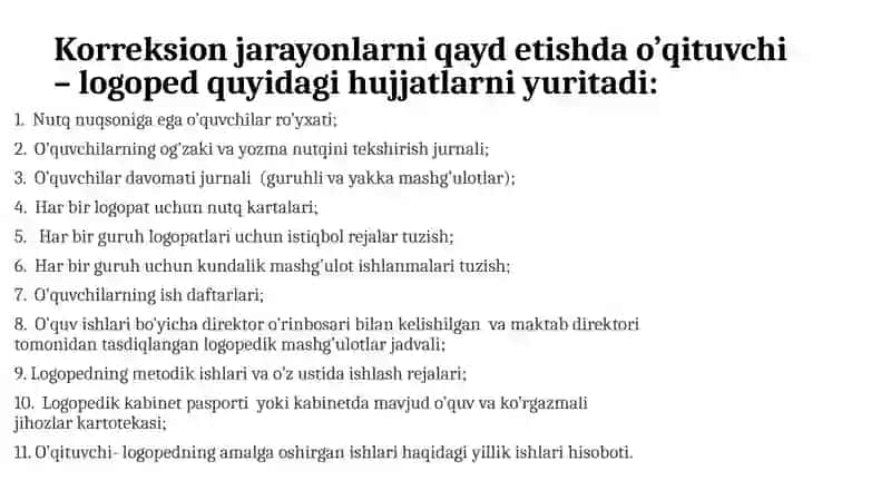 Maxsus ta’lim tizimida logoped yuratidigan ish hujjatlari 2