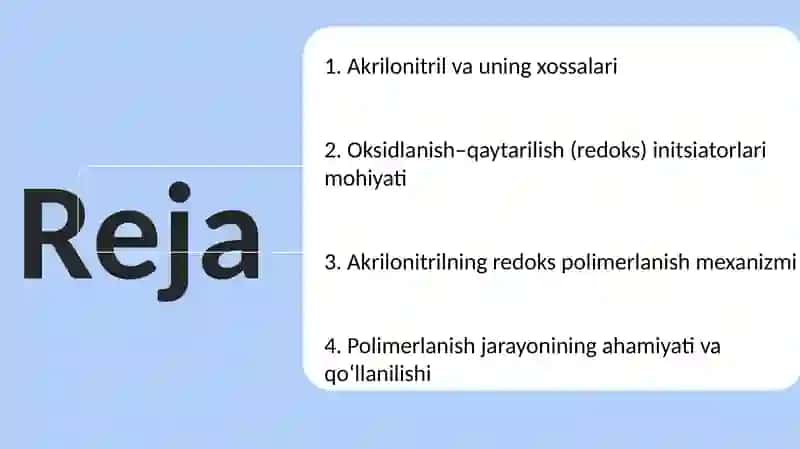 Akrilonitrilning oksidlanish–qaytarikish inisiatori bilan polimerlanishi 2