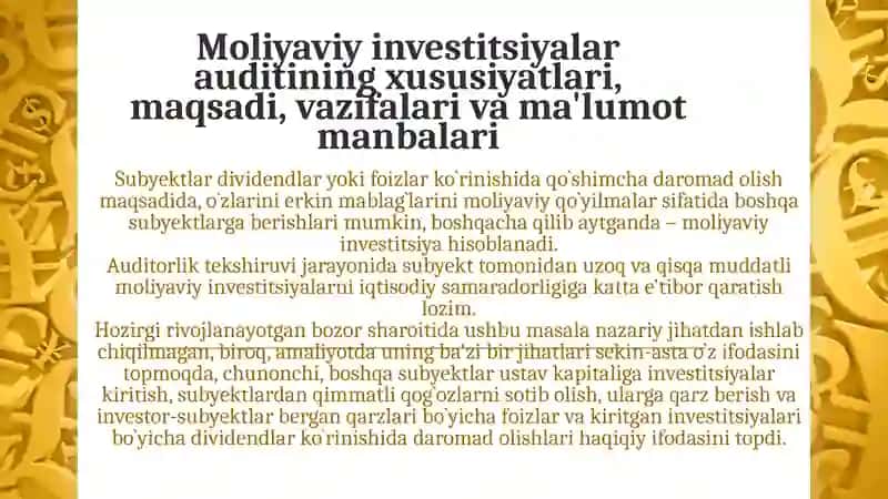 Moliyaviy investitsiyalarni audit qilish 2